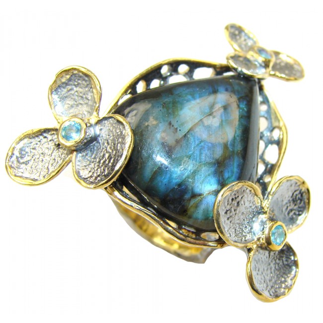 Large! Gallery Piece! AAA Labradorite & Swiss Blue Topaz, Gold Plated, Rhodium Plated Sterling Silver Ring s. 10