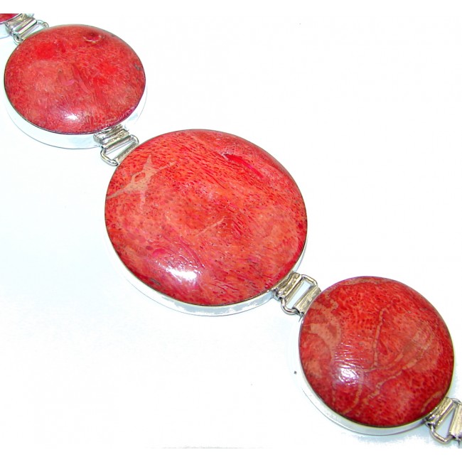 Precious Red Fossilized Coral Sterling Silver Bracelet