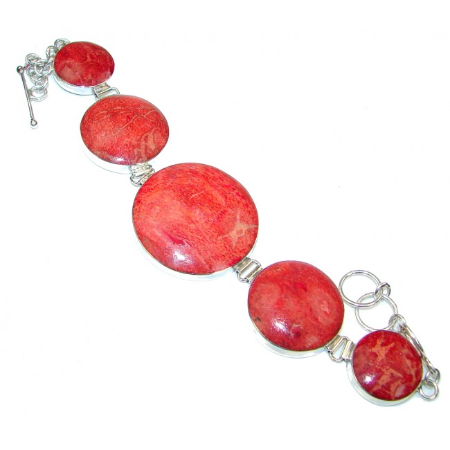 Precious Red Fossilized Coral Sterling Silver Bracelet