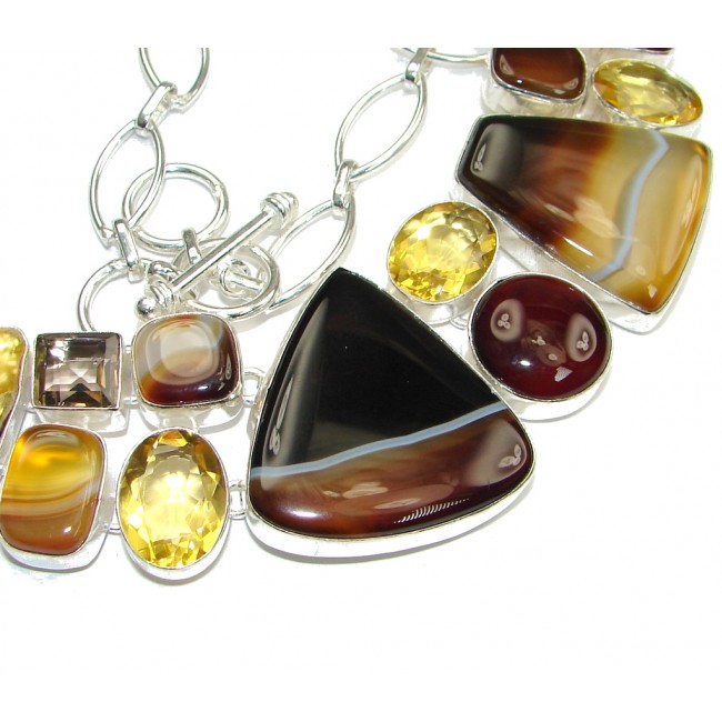Aura Of Beauty! Botswana Agate & Mother Of Pearl & Citrine Quartz & Smoky Topaz Sterling Silver necklace