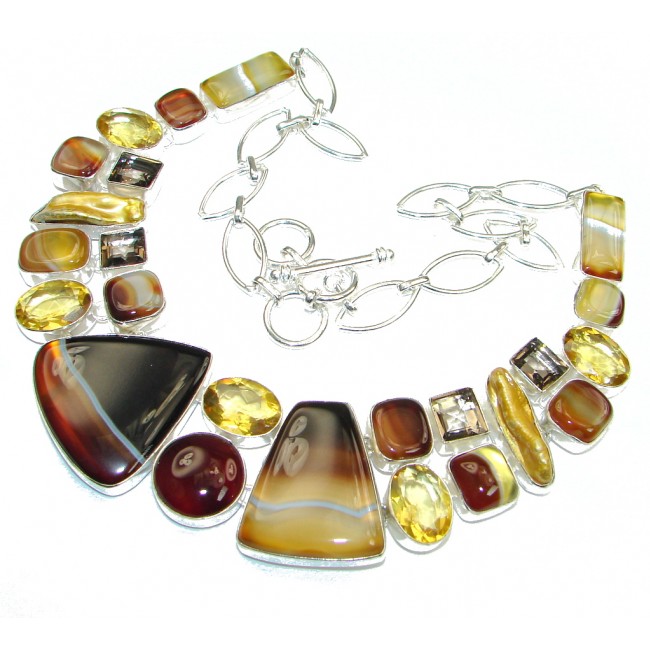 Aura Of Beauty! Botswana Agate & Mother Of Pearl & Citrine Quartz & Smoky Topaz Sterling Silver necklace