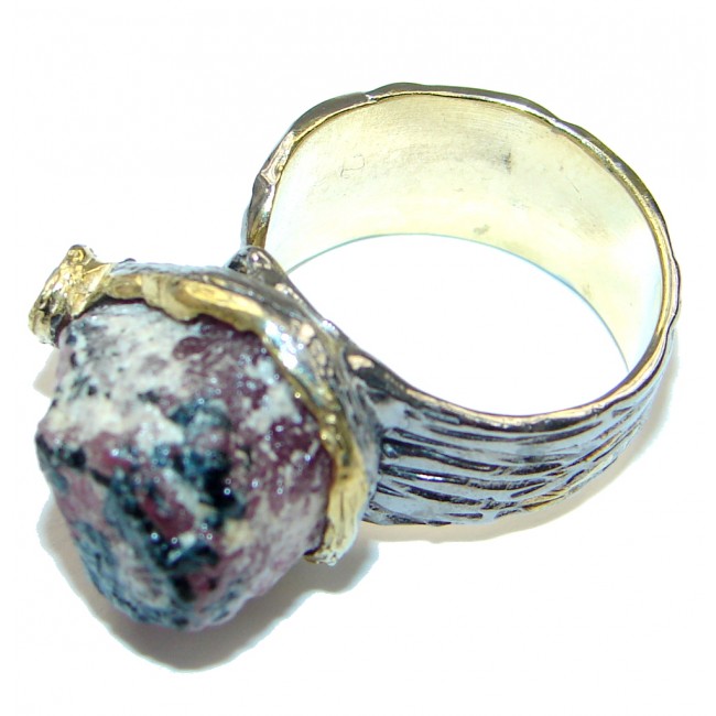 Stylish! Rough Ruby , Gold Plated, Rhodium Plated Sterling Silver Ring s. 7 - Adjustable