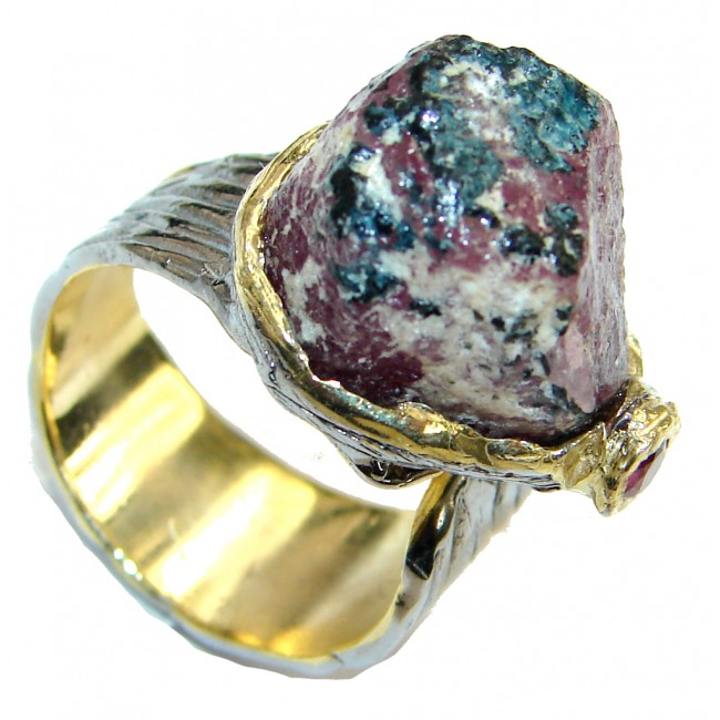 Stylish! Rough Ruby , Gold Plated, Rhodium Plated Sterling Silver Ring s. 7 - Adjustable