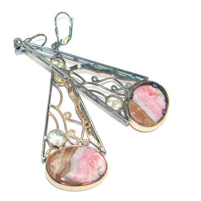 Artisian Design! AAA Pink Rhodochrosite & Citrine, Rose Gold Plated, Rhodium Plated Sterling Silver earrings / Long