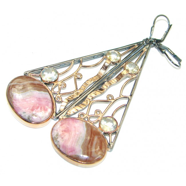 Artisian Design! AAA Pink Rhodochrosite & Citrine, Rose Gold Plated, Rhodium Plated Sterling Silver earrings / Long