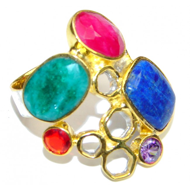 Pale Beauty! Blue Lapis Lazuli & Ruby & Emerald, Gold Plated Sterling Silver Ring s. 9 1/2