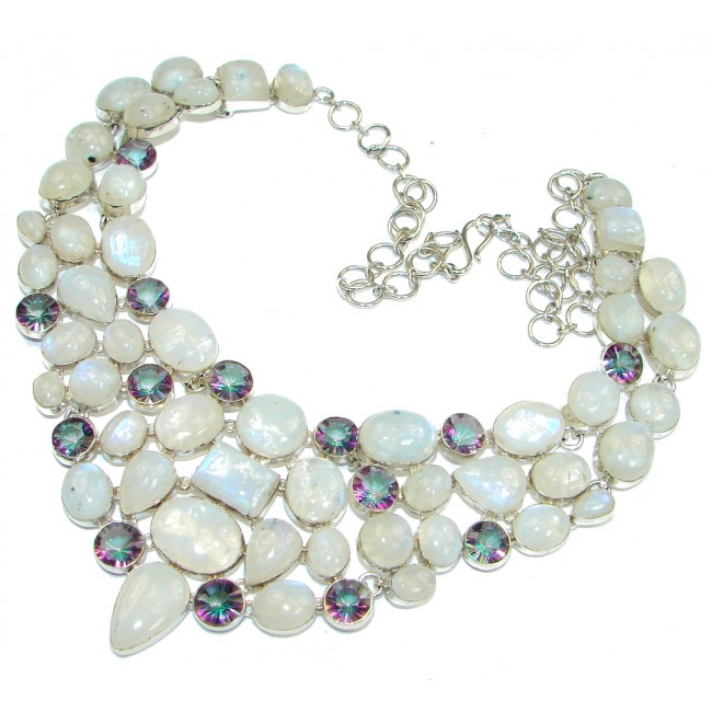 Magic Style! AAA White Fire Moonstone & Magic Topaz Sterling Silver necklace