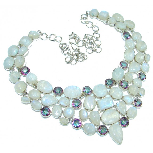 Magic Style! AAA White Fire Moonstone & Magic Topaz Sterling Silver necklace