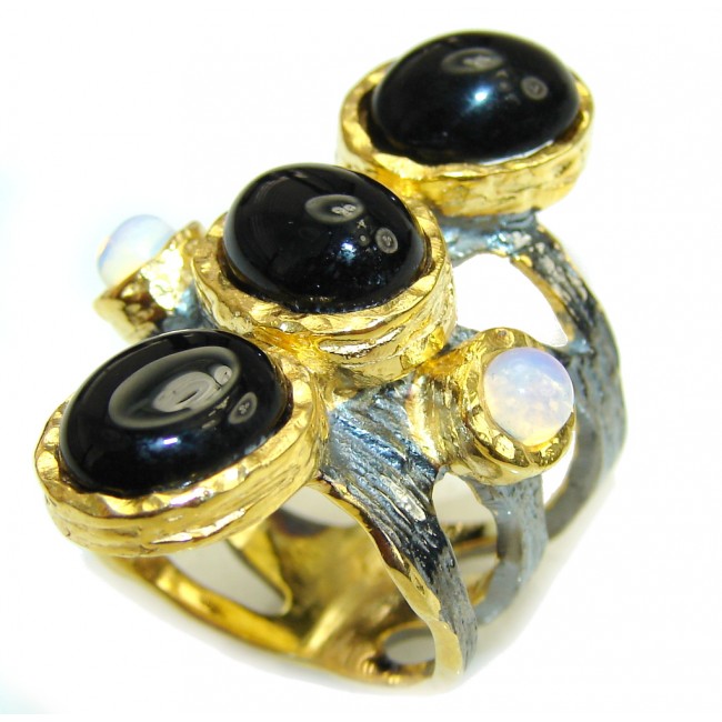 Unisex AAA Black Onyx Gold Plated Sterling Silver Ring s. 6 3/4 adjustable