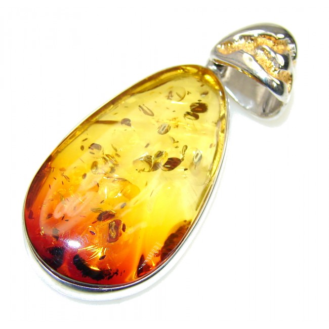 Natural Baltic Polish Amber Two Tones Sterling Silver Pendant