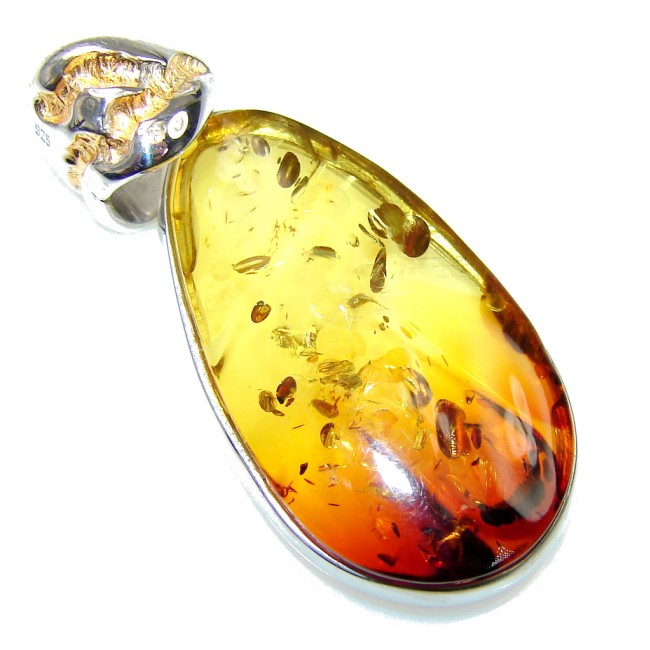 Natural Baltic Polish Amber Two Tones Sterling Silver Pendant