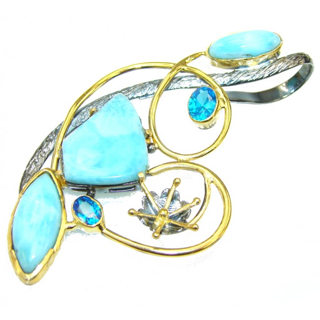 Handcrafted AAA Blue Larimar & Swiss Blue Topaz Gold plated Sterling Silver Pendant