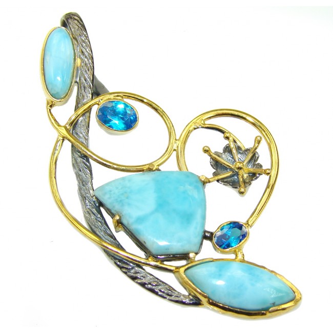 Handcrafted AAA Blue Larimar & Swiss Blue Topaz Gold plated Sterling Silver Pendant