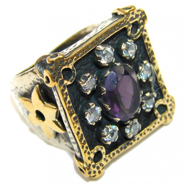 Victorian Style! Purple Amethyst & White Topaz Sterling Silver ring s. 8