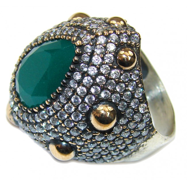 Victorian Style! Green Emerald & White Topaz Sterling Silver ring s. 9