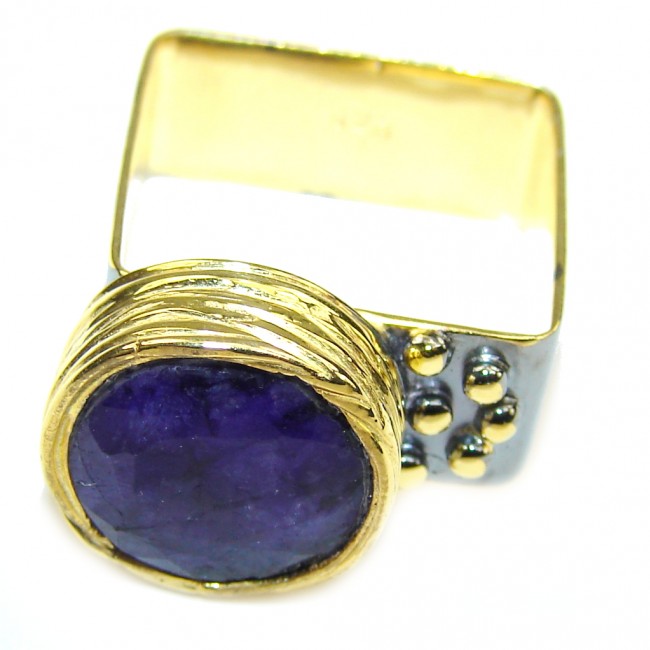 Natural AAA Blue Sapphire, Gold Plated, Rhodium Plated Sterling Silver Ring s. 5 1/4