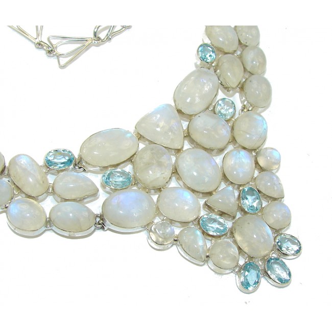 Pure In Heart! White Fire Moonstone & Swiss Blue Topaz Sterling Silver necklace