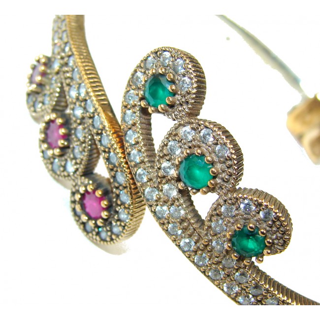 Victorian Style! Pink Ruby & Emerald & White Topaz Sterling Silver Bracelet