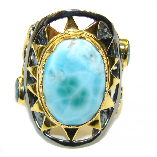 Big! Caribbean Sercet AAA Blue Larimar, Gold Plated, Rhodium Plated Sterling Silver Ring s. 8