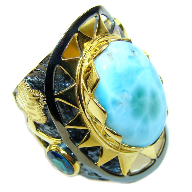 Big! Caribbean Sercet AAA Blue Larimar, Gold Plated, Rhodium Plated Sterling Silver Ring s. 8