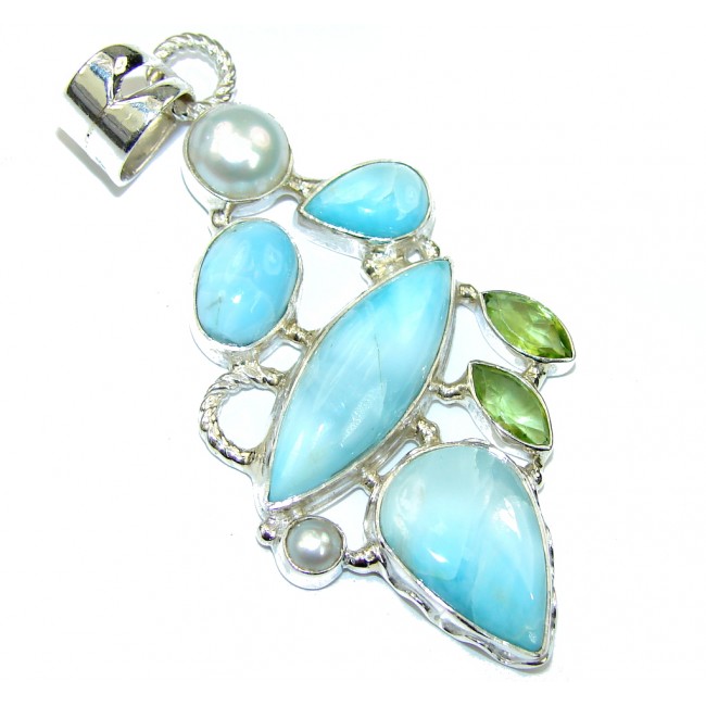 Natural Beauty! AAA Blue Larimar & Fresh Water Pearl & Peridot Sterling Silver Pendant
