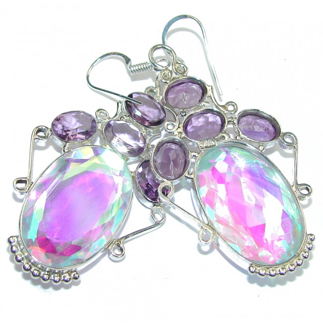 Perfect Style! Rainbow Dichroid Glass & Amethyst Sterling Silver earrings