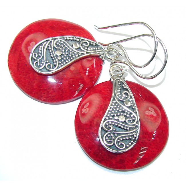 Secret Beauty! Red Fossilized Coral Sterling Silver earrings