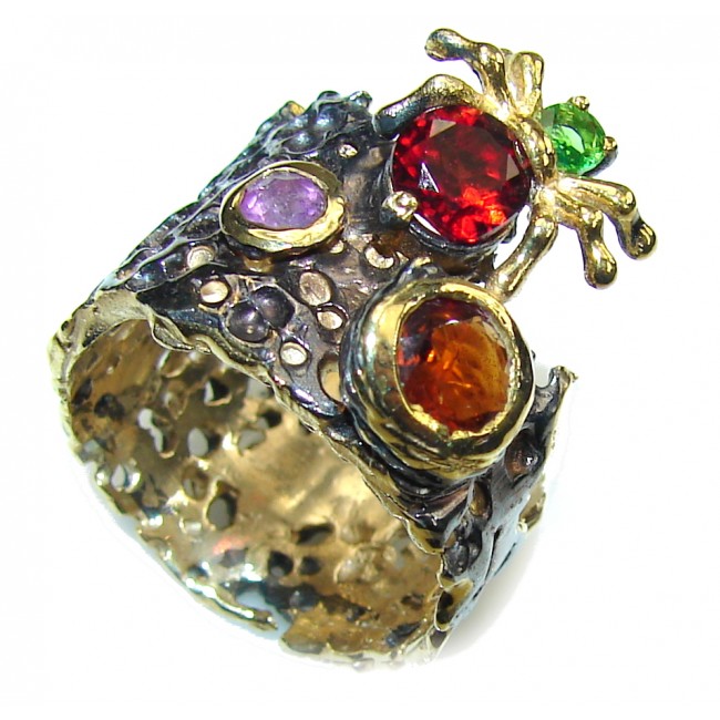 Amazing! Amethyst & Garnet & Peridot, Gold Plated, Rhodium Plated Sterling Silver ring s. 7