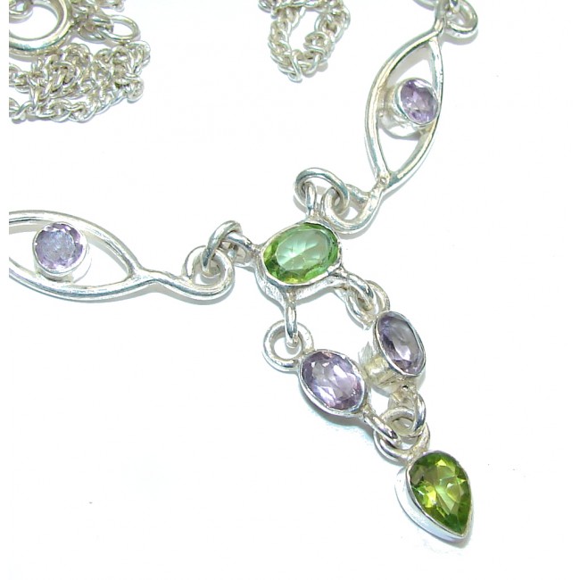 Path Of Life!! Green Peridot & Amethyst Sterling Silver Necklace