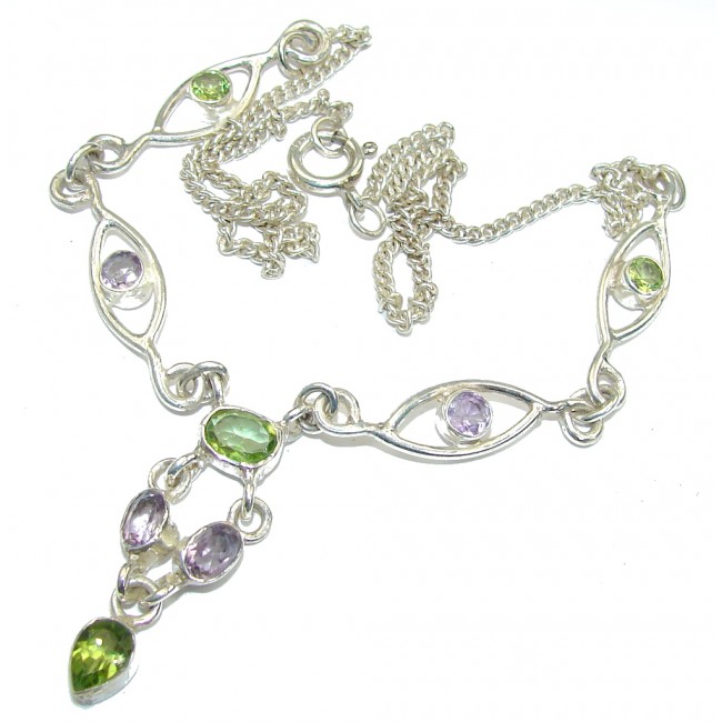 Path Of Life!! Green Peridot & Amethyst Sterling Silver Necklace