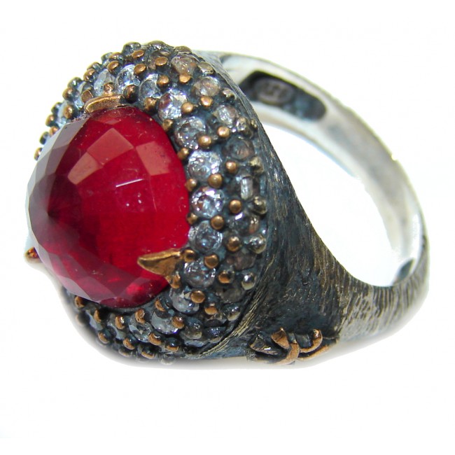 Victorian Style! Red Garnet Quartz & White Topaz Sterling Silver Ring s. 7 1/4