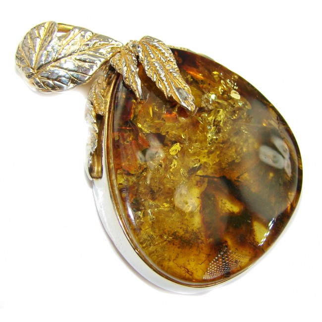 Exclusive Design! AAA Baltic Polish Amber, Two Tones Sterling Silver Pendant