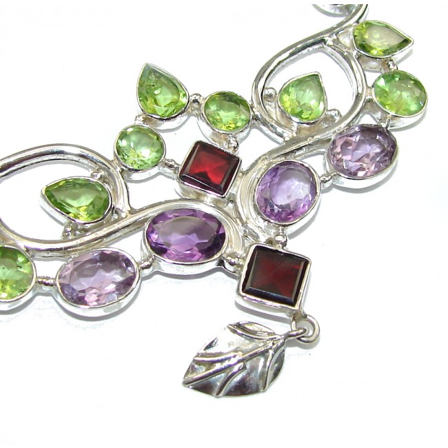Maya Inspiration!! Purple Amethyst & Peridot & Garnet Sterling Silver necklace