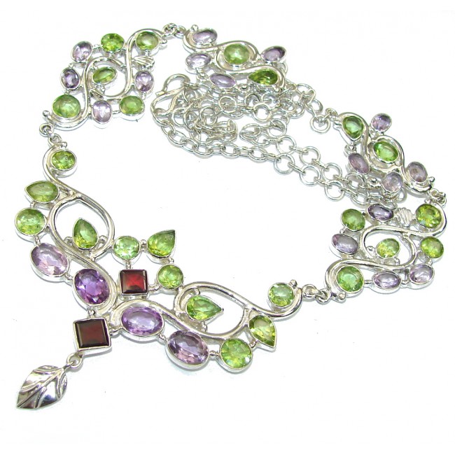 Maya Inspiration!! Purple Amethyst & Peridot & Garnet Sterling Silver necklace