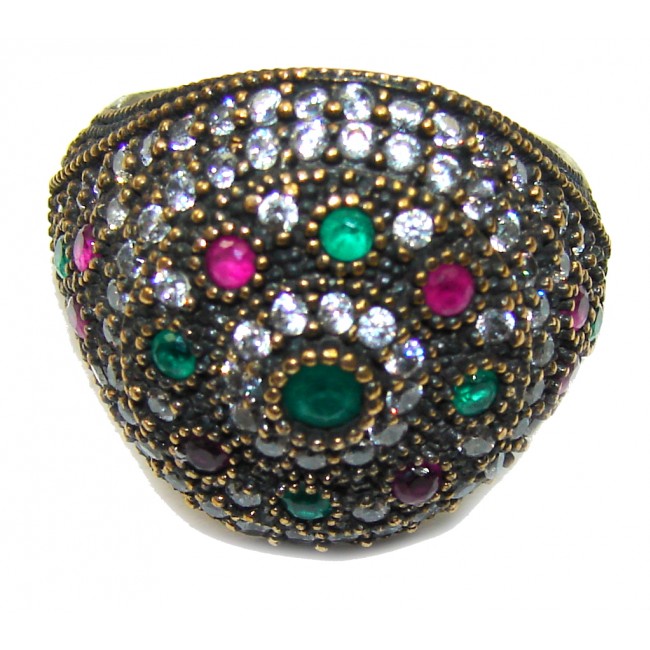 Victorian Style! Green Emerald & Ruby & White Topaz Sterling Silver ring s. 8