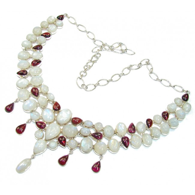Chunky White Fire Moonstone & Tourmaline Sterling Silver necklace