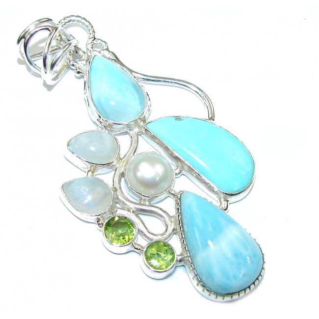Tropical Beauty! Blue Larimar & Moonstone & Fresh Water Pearl & Peridot Sterling Silver Pendant