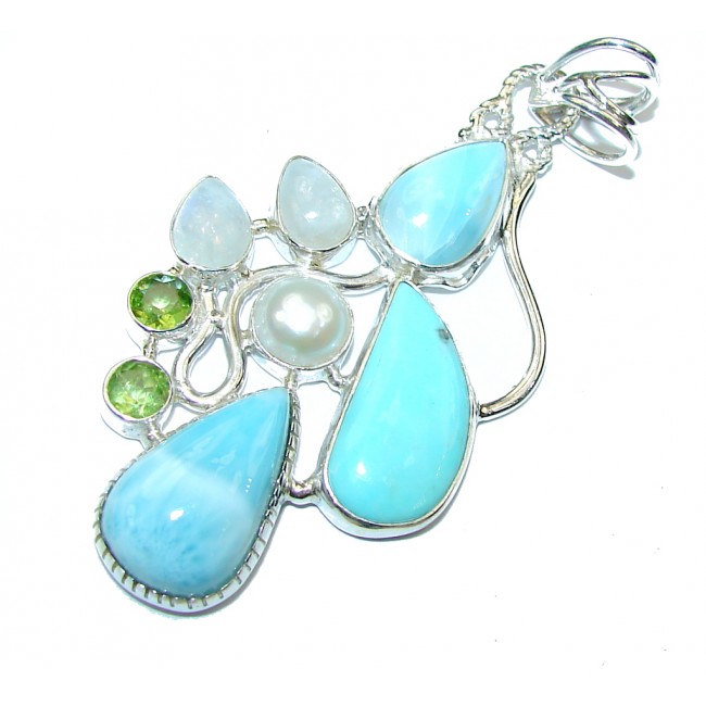 Tropical Beauty! Blue Larimar & Moonstone & Fresh Water Pearl & Peridot Sterling Silver Pendant