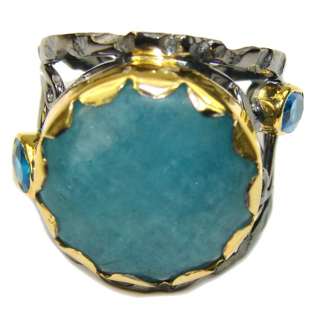 Brightened The Sky! Blue Aquamarine, Rhodium Plated, Gold Plated Sterling Silver ring; 9 1/2