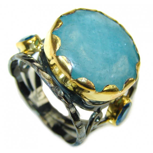 Brightened The Sky! Blue Aquamarine, Rhodium Plated, Gold Plated Sterling Silver ring; 9 1/2