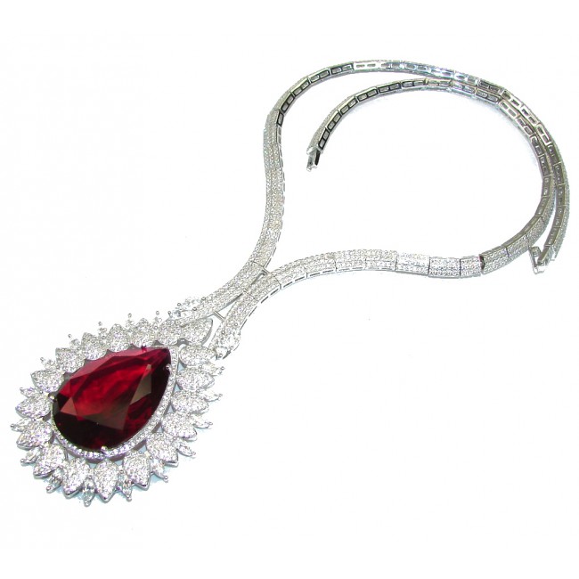 Giant! Night Star Created Red Garnet & White Topaz Sterling Silver necklace
