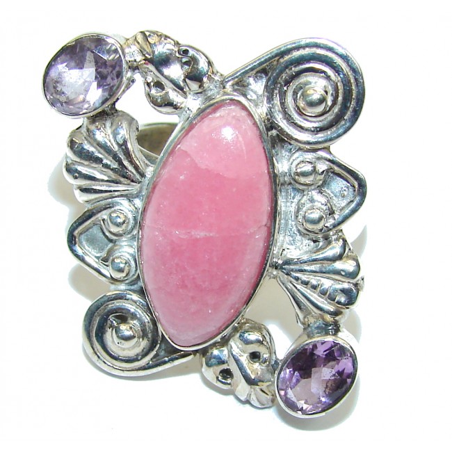 Amazing Pink Rhodochrosite & Amethyst Sterling Silver ring s. 9