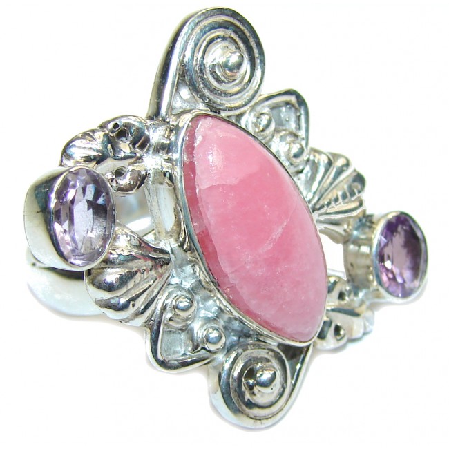 Amazing Pink Rhodochrosite & Amethyst Sterling Silver ring s. 9