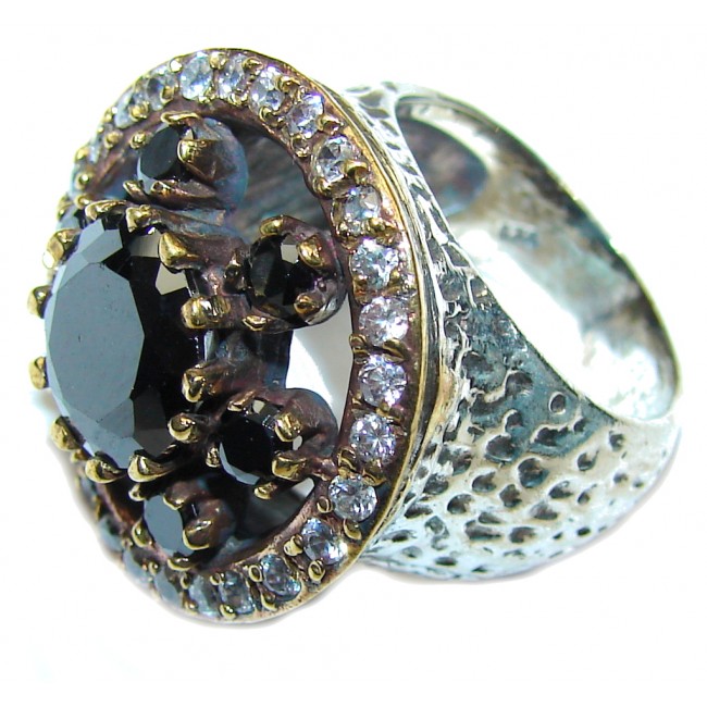 Victorian Style! Black Spinel & White Topaz Sterling Silver ring; 6 1/2