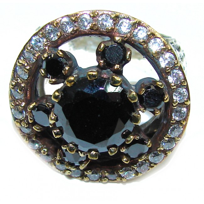 Victorian Style! Black Spinel & White Topaz Sterling Silver ring; 6 1/2