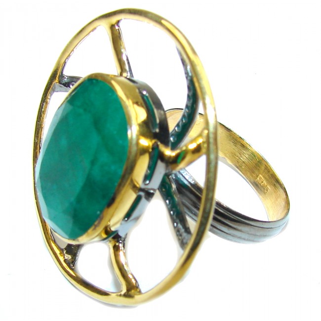 Gorgeous AAA Green Emerald, Rhodium Plated, Gold Plated Sterling Silver ring s. 11