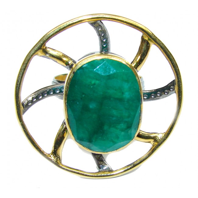 Gorgeous AAA Green Emerald, Rhodium Plated, Gold Plated Sterling Silver ring s. 11