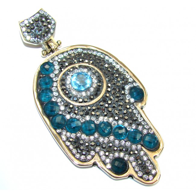 Great Protection! Hamsa Hand Blue Topaz Sterling Silver Pendant
