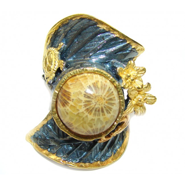 Big! Gorgeous Brown Fossilized Coral, Gold PLated, Rhodium Plated Sterling Silver ring s. 7
