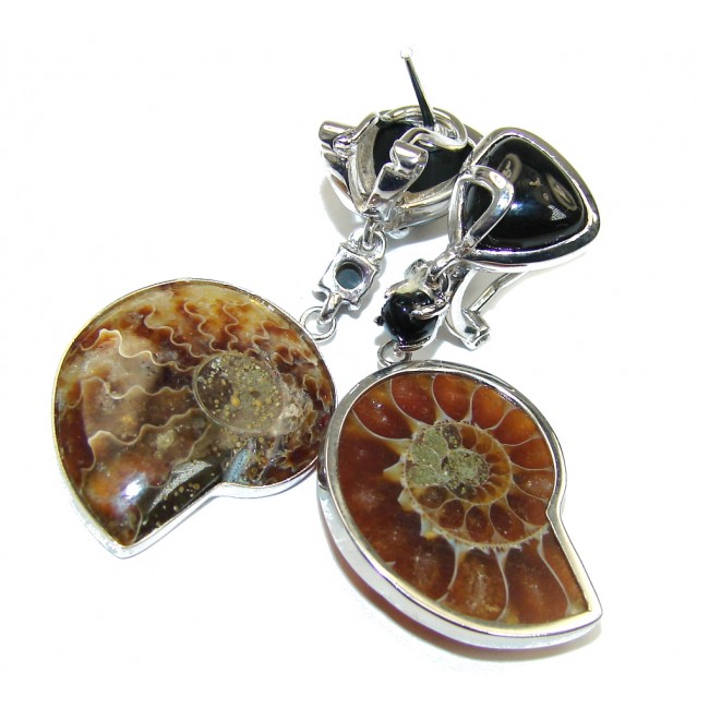 Amazing Shell Ammonite Fossil & Onyx Sterling Silver earrings
